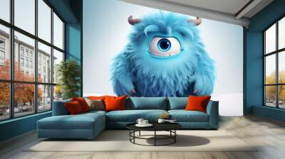 Cute blue furry monster 3D cartoon character Wall mural