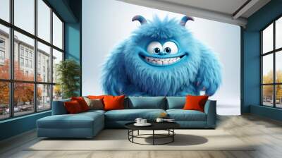 Cute blue furry monster 3D cartoon character Wall mural