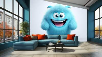 Cute blue furry monster 3D cartoon character Wall mural