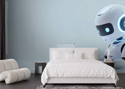 Cute friendly artificial intelligence robot using laptop computer with white neon glow light, chatbot and AI assistant concept futuristic technology 3d illustration, banner Wall mural