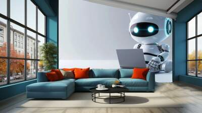 Cute friendly artificial intelligence robot using laptop computer with white neon glow light, light grey background, chatbot and AI assistant concept futuristic technology 3d illustration, banner Wall mural