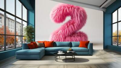 Cute pink number 2 or two as fur shape, short hair, white background, 3D illusion, storybook style Wall mural