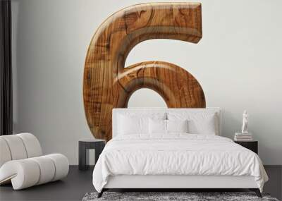 Cute wooden number 6 or six as wooden shape, white background, 3D illusion, storybook style Wall mural