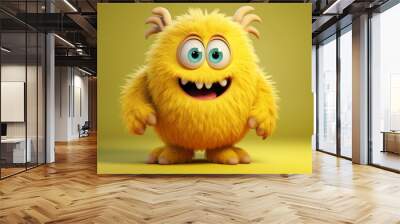 Cute yellow furry monster 3D cartoon character Wall mural