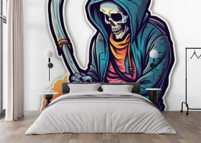 Cartoon style death mage with staff sticker, badge design Wall mural