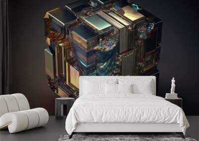 Colorful shiny rainbow Bismuth Gemstone cubes dark background created with Generative AI technology Wall mural