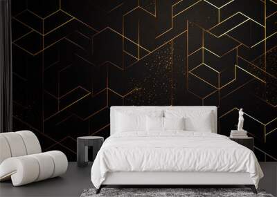 Dark black mosaic background with golden lines Art Deco luxury style texture Created with Generative AI technology Wall mural