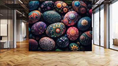 Happy Easter background concept with  colorful easter eggs flat lay created with Generative AI technology Wall mural