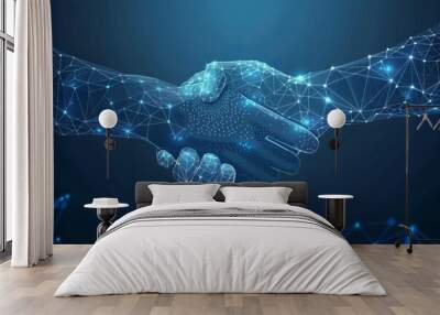 Digital handshake on blue technology background. Abstract two hands in lines, connected dots, and triangles. Polygonal grid 3D illustration. Business partnership concept. Low poly wireframe Wall mural