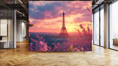 Eiffel Tower at sunset in spring capturing the blooming flowers in Paris Wall mural