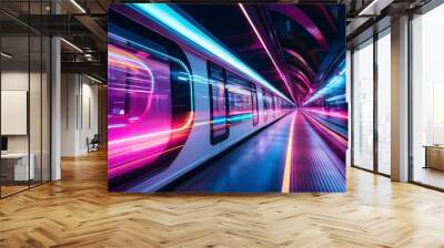 Fast underground subway train racing through the tunnels. Neon pink and blue light Wall mural