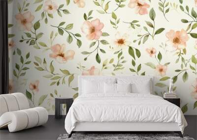 Floral pattern with delicate, light pink flowers and green leaves. Wallpaper, fabric print Wall mural