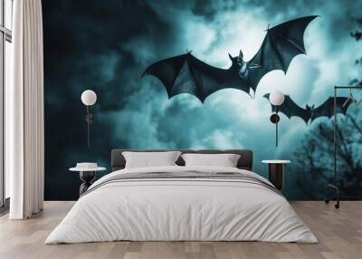 Flying bats, dark clouds, and an ominous castle in the background. The scene is illuminated by moonlight casting long shadows over ancient tombstones. Sense of mystery Wall mural