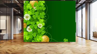 Patrick's Day background: Clover glade and golden coins 2 Wall mural