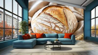 Freshly baked loaf of bread with wheat stalks and grains on rustic wooden background with cop space, pastry and recipe concept. Wall mural