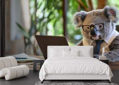 Funny cute business Koala animal wearing glasses and tie working on laptop computer at office. Wall mural