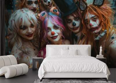 Group of friends dressed in various Halloween costumes, clown costume with colorful hair, devil costume, pose for photo in festive atmosphere with confetti indoors. Wall mural