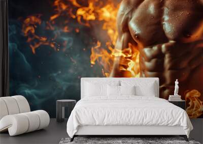 Handsome fit muscular man burning calories belly fat with flames, following healthy active lifestyle, weight loss and fitness concept background banner. Wall mural