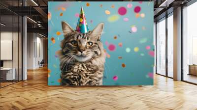 Happy birthday funny cat with hat and confetti, blue background. Wall mural