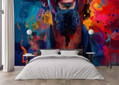 Hindu priest with a beard and painted face on colorful background. Wall mural