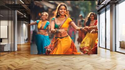 Indian women dancing on the streets in traditional dresses Wall mural