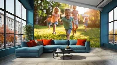 A group of children bask in the summer sun, racing across a lush lawn in a carefree sprint, embodying the essence of summer fun. AI Generated. Wall mural