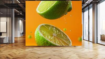 two lime halves with water droplets, elegantly highlighted by a deep orange hue. Wall mural