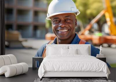 Mature Afro American happy handyman with hard hat. Worker in the plant Wall mural