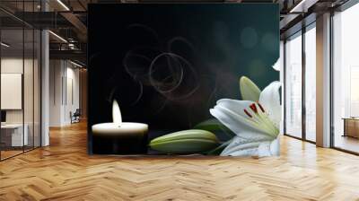 Memorial or grief banner. Beautiful lily and burning candle on black background Wall mural