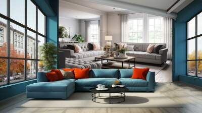 Modern interior of open space with design modular sofa, furniture, wooden coffee tables in stylish home decor. Neutral living room.  Wall mural