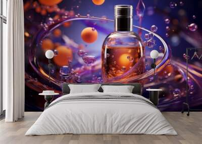 Perfume or cosmetic glass bottle on pink or purple background with liquid bubbles.  Wall mural