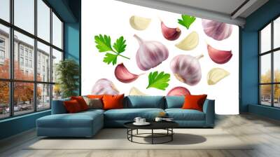 Garlic isolated set. Collection of garlic, garlic cloves and parsley leaves on transparent background. Wall mural