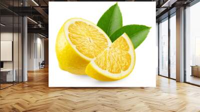 Lemon isolated. Half and slice of lemon with leaves on a transparent background. Wall mural