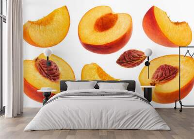 Peaches isolated set. Collection of sliced peaches on a transparent background Wall mural