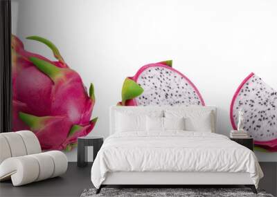 Pitaya isolated set. Collection of ripe dragon fruit or pitahaya, half and slice of the fruit on a white background. Wall mural