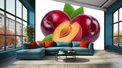 Plum isolated. Ripe red plums with leaves on a white background. Fresh fruits. Wall mural