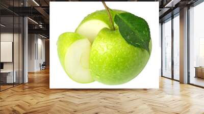 Ripe juicy green apple in water drops isolated on a white background Wall mural