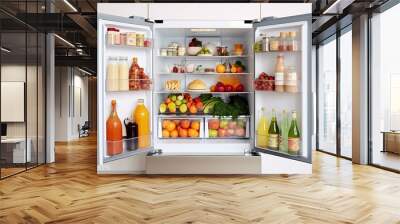 Photorealistic image showcasing an opened kitchen fridge Wall mural