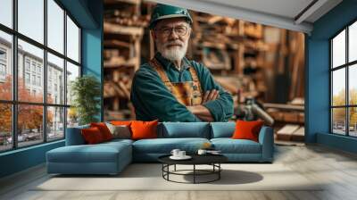 Portrait of mature carpenter standing in workshop and looking at camera Wall mural