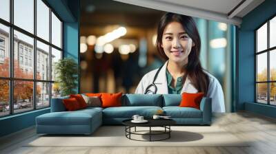 Portrait of smiling young female asian doctor in a hospital Wall mural