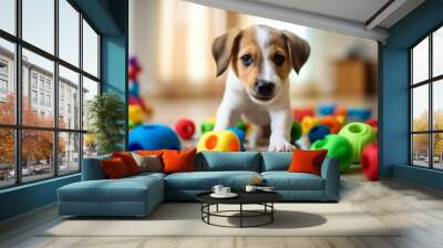 Puppy dog playing with colorful chew toys on the floor Wall mural