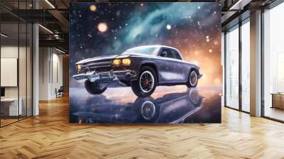 Retro vintage luxury car on abstract space cosmic background with bokeh. Car showcase collection Wall mural