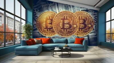 Cryptocurrency Bitcoin. Bitcoin coin on the background of dollar bills. Wall mural