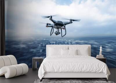 Modern dark drone in flight over the city. Wall mural