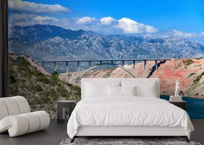 Mountain landscape with a beautiful concrete bridge across the bay. Wall mural