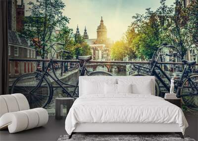 Rainy day in Amsterdam. Rainy cloudy day in the capital of the Netherlands, in the autumn. Wall mural