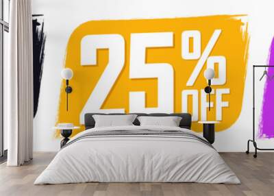 Set Sale 25% off banners, discount tags design template, extra promo, brush grunge, vector illustration Wall mural