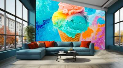 Watercolor illustration of ice cream in a waffle cone on a colorful background Wall mural