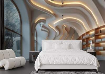 small retail store with some shelves, white and wooden, dynamic lighting Wall mural