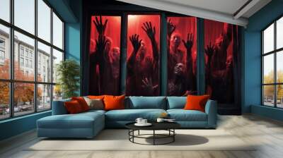 Spooky many zombie hands outside the window, red glowing light. Halloween or horror movie concept. Wall mural